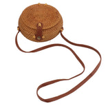 Handwoven Round Rattan Bag Tropical Beach Style Woven Shoulder Rattan Bag with Leather Strap 20cm Diameter Natural Color Oval with Lining