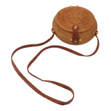 Handwoven Round Rattan Bag Tropical Beach Style Woven Shoulder Rattan Bag with Leather Strap 20cm Diameter Natural Color Oval with Lining