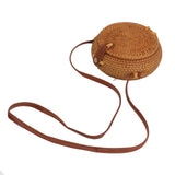 Handwoven Round Rattan Bag Tropical Beach Style Woven Shoulder Rattan Bag with Leather Strap 20cm Diameter Natural Color Oval with Lining