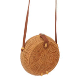 Handwoven Round Rattan Bag Tropical Beach Style Woven Shoulder Rattan Bag with Leather Strap 20cm Diameter Natural Color Oval with Lining - Low Angle