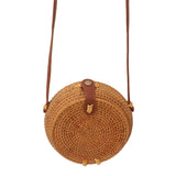 Handwoven Round Rattan Bag Tropical Beach Style Woven Shoulder Rattan Bag with Leather Strap 20cm Diameter Natural Color Oval with Lining - Extra Image