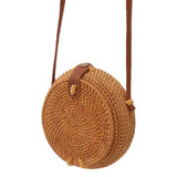 Handwoven Round Rattan Bag Tropical Beach Style Woven Shoulder Rattan Bag with Leather Strap 20cm Diameter Natural Color Oval with Lining