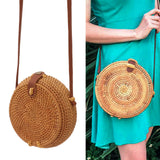 Handwoven Round Rattan Bag Tropical Beach Style Woven Shoulder Rattan Bag with Leather Strap 20cm Diameter Natural Color Oval with Lining - Extra Image