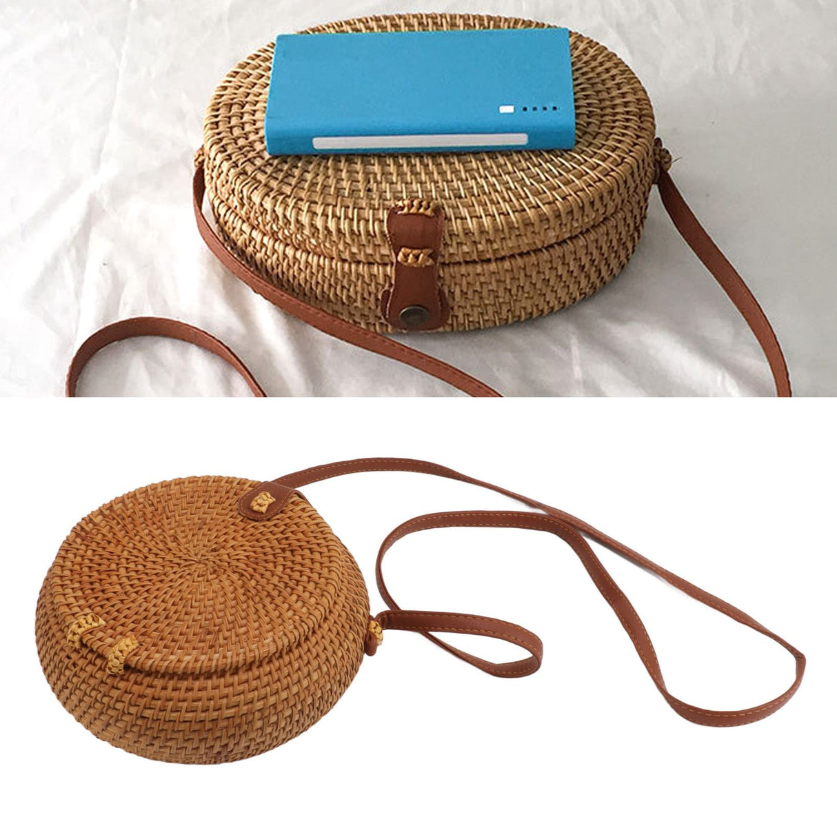 Handwoven Round Rattan Bag Tropical Beach Style Woven Shoulder Rattan Bag with Leather Strap 20cm Diameter Natural Color Oval with Lining