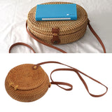 Handwoven Round Rattan Bag Tropical Beach Style Woven Shoulder Rattan Bag with Leather Strap 20cm Diameter Natural Color Oval with Lining