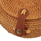 Handwoven Round Rattan Bag Tropical Beach Style Woven Shoulder Rattan Bag with Leather Strap 20cm Diameter Natural Color Oval with Lining - Extra Image