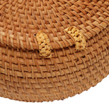 Handwoven Round Rattan Bag Tropical Beach Style Woven Shoulder Rattan Bag with Leather Strap 20cm Diameter Natural Color Oval with Lining - Extra Image