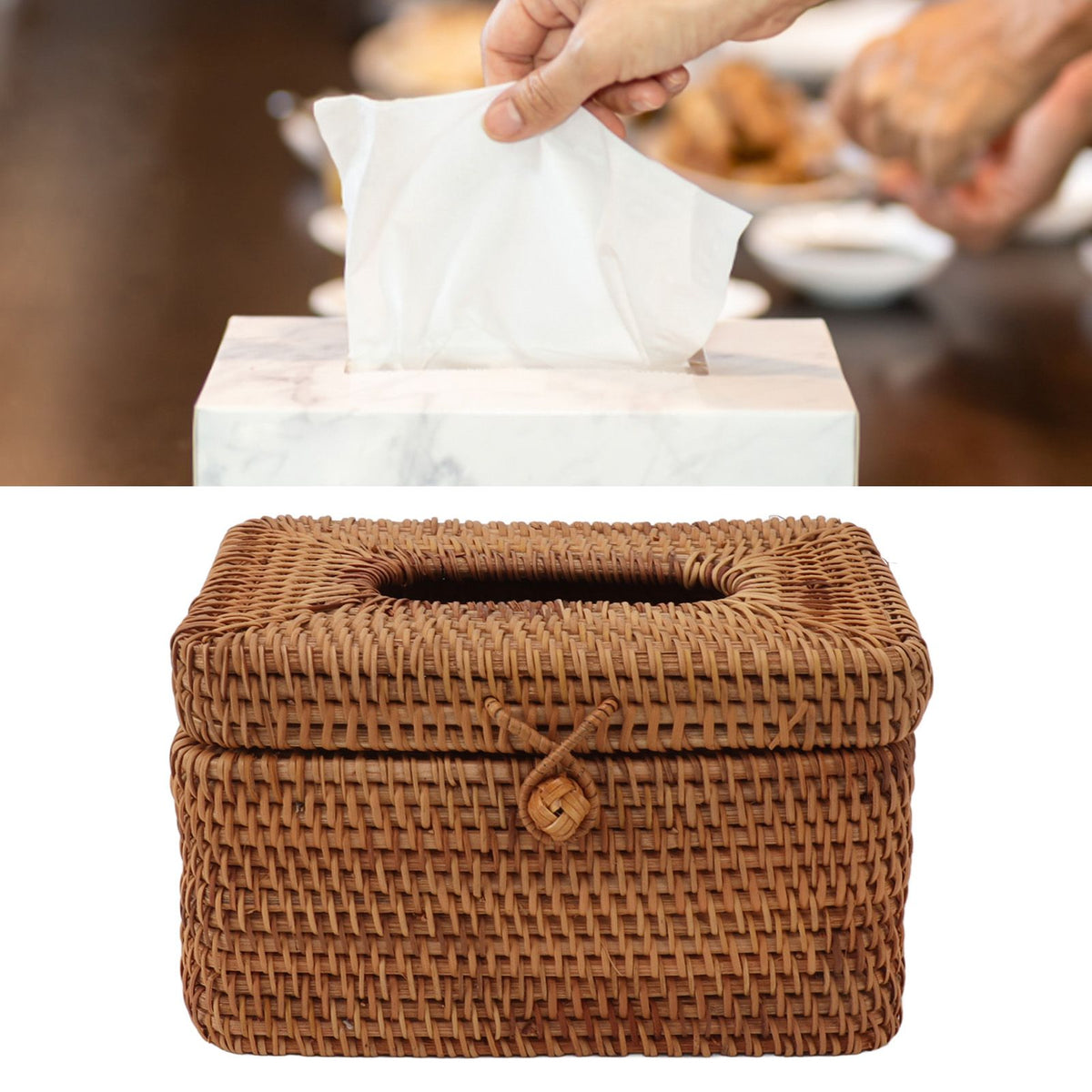 Rectangular Rattan Tissue Box Cover Rattan Woven Tissue Box Holder for Bathroom Organizer Countertop Bedroom Living Room Car Office Short Style