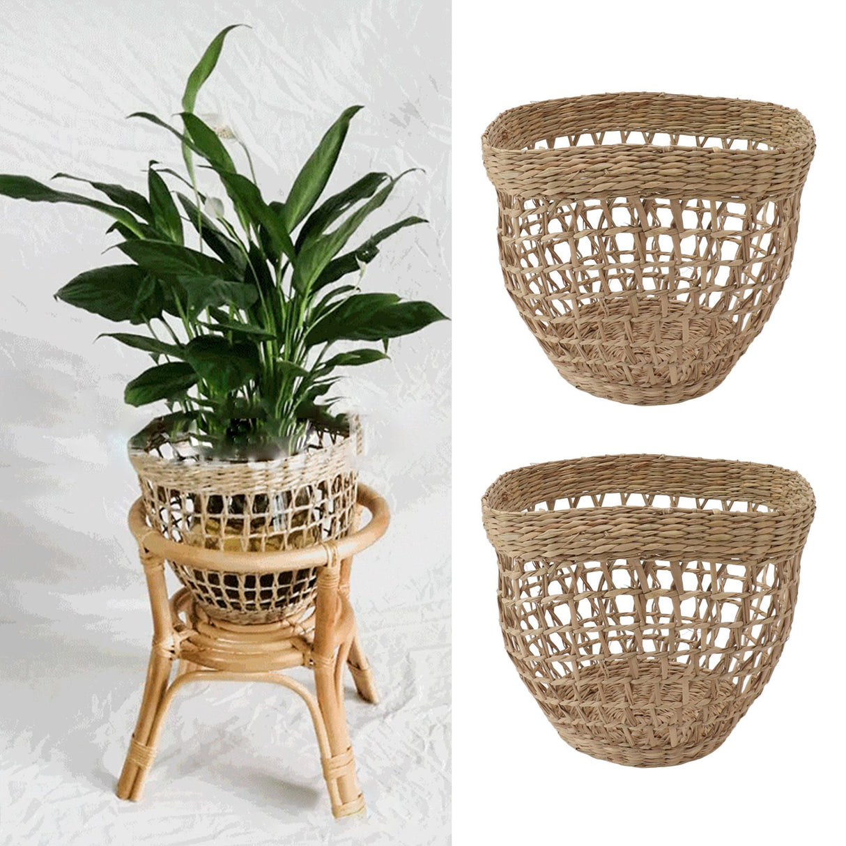 2PCS Woven Basket Handwoven Sea Grass Storage Basket for Flower Plant Farmhouse Home Decor