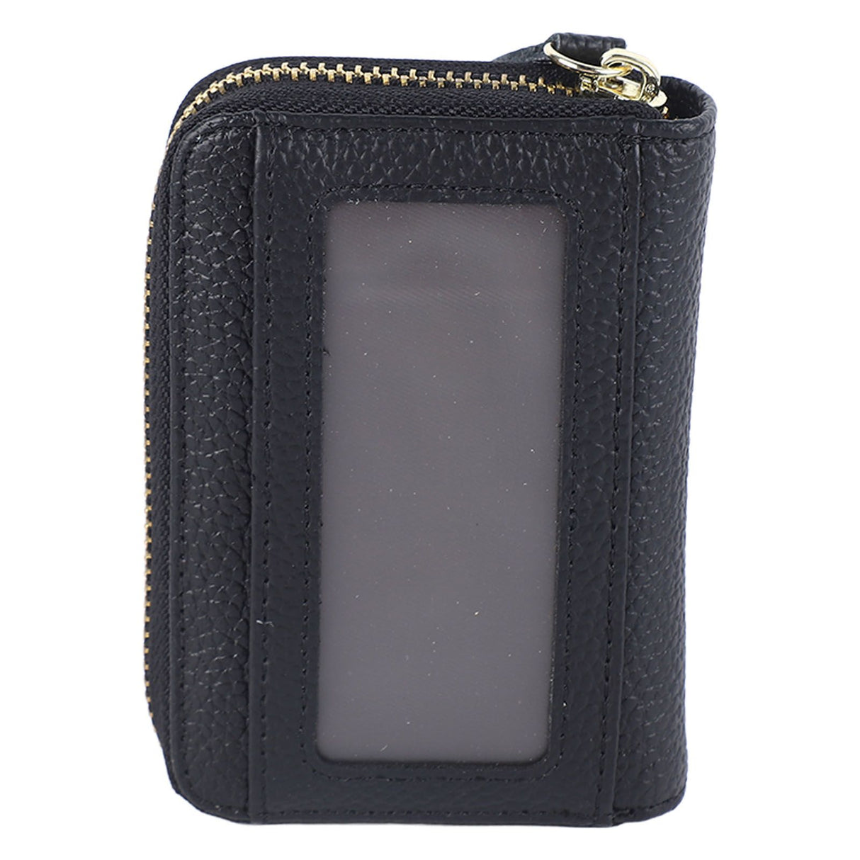 Card Wallet Black Leather 10 Slots Zipper Compact Transparent Window Card Holder for Travel Daily Outdoor