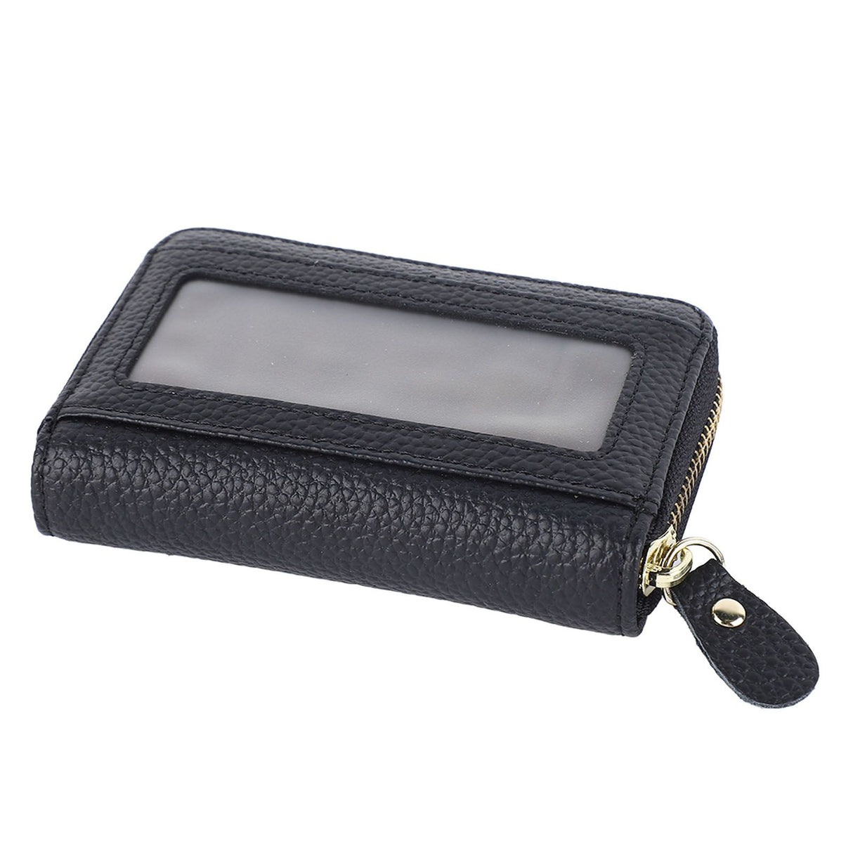 Card Wallet Black Leather 10 Slots Zipper Compact Transparent Window Card Holder for Travel Daily Outdoor