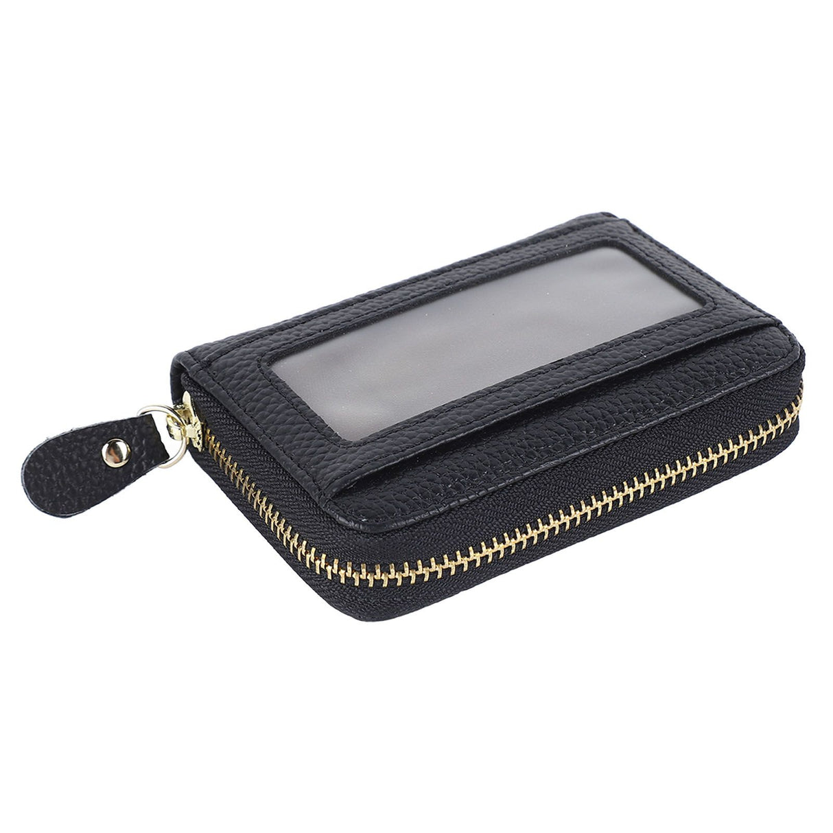 Card Wallet Black Leather 10 Slots Zipper Compact Transparent Window Card Holder for Travel Daily Outdoor