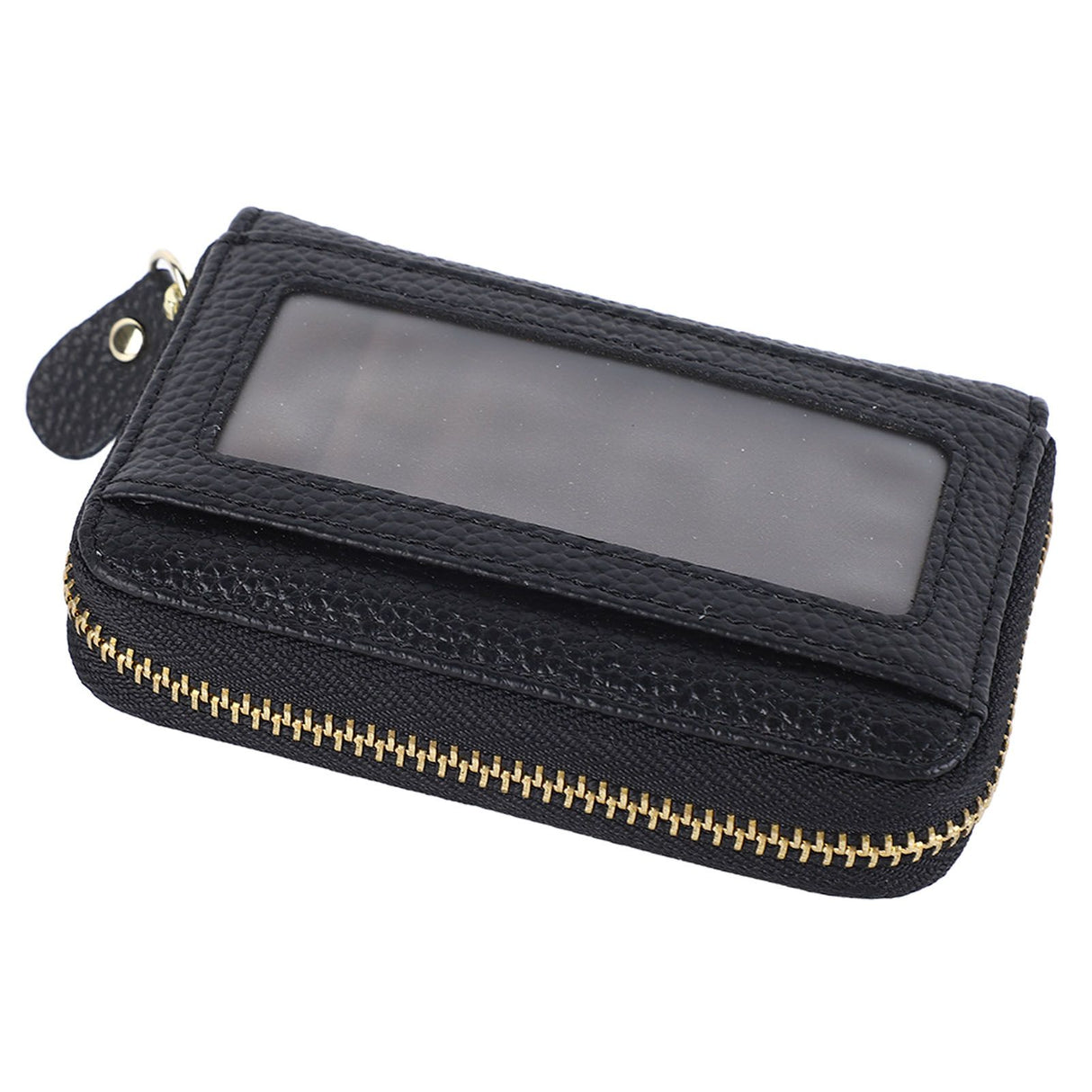 Card Wallet Black Leather 10 Slots Zipper Compact Transparent Window Card Holder for Travel Daily Outdoor