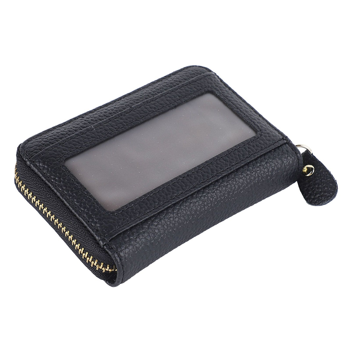 Card Wallet Black Leather 10 Slots Zipper Compact Transparent Window Card Holder for Travel Daily Outdoor