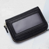 Card Wallet Black Leather 10 Slots Zipper Compact Transparent Window Card Holder for Travel Daily Outdoor