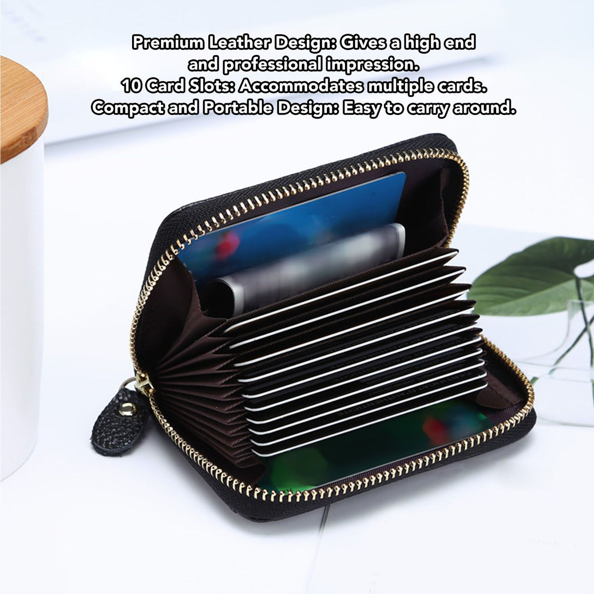 Card Wallet Black Leather 10 Slots Zipper Compact Transparent Window Card Holder for Travel Daily Outdoor