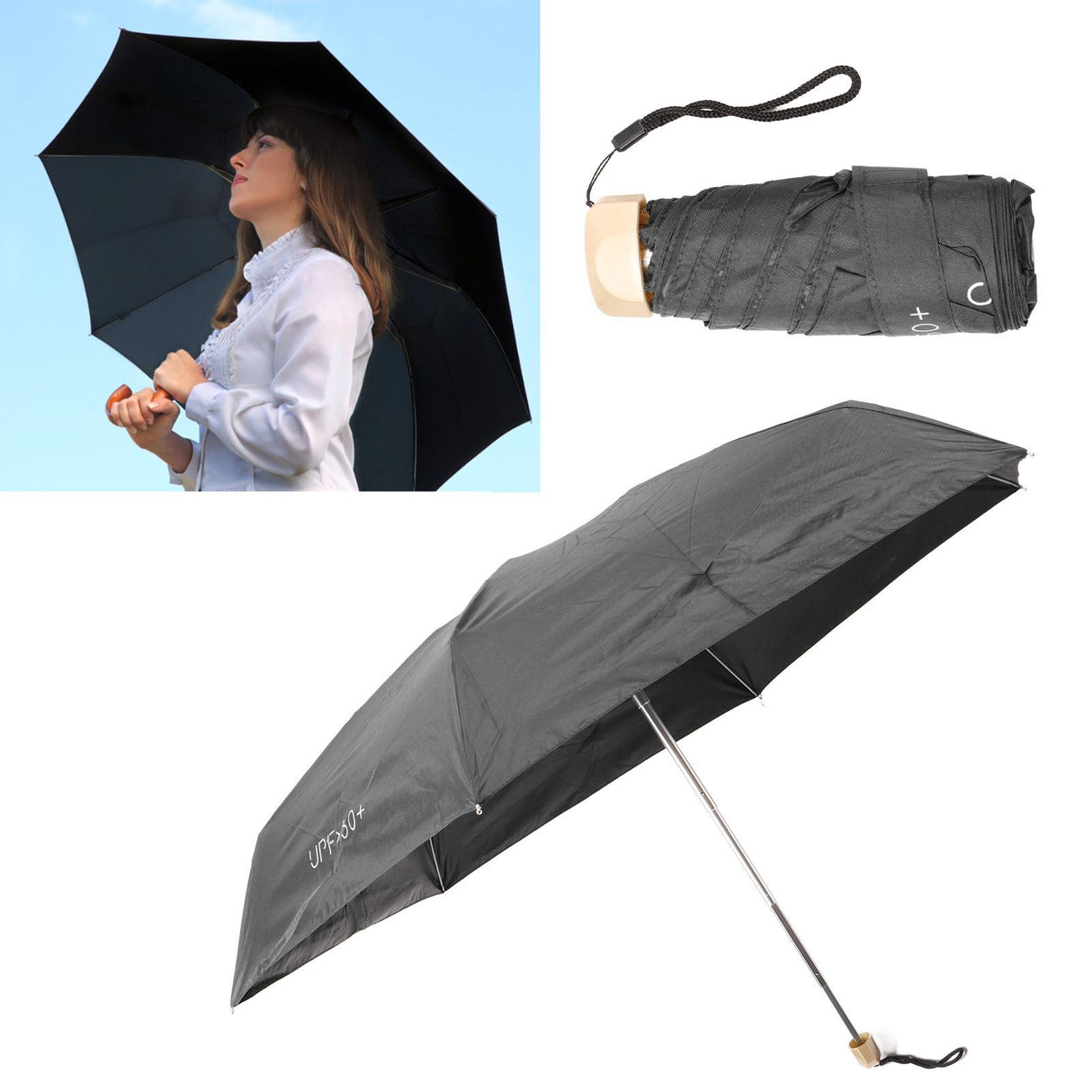 6 Ribs Umbrella Sun Protection UPF50 Impact Cloth Portable Folding Umbrella for Sunny Rainy Black