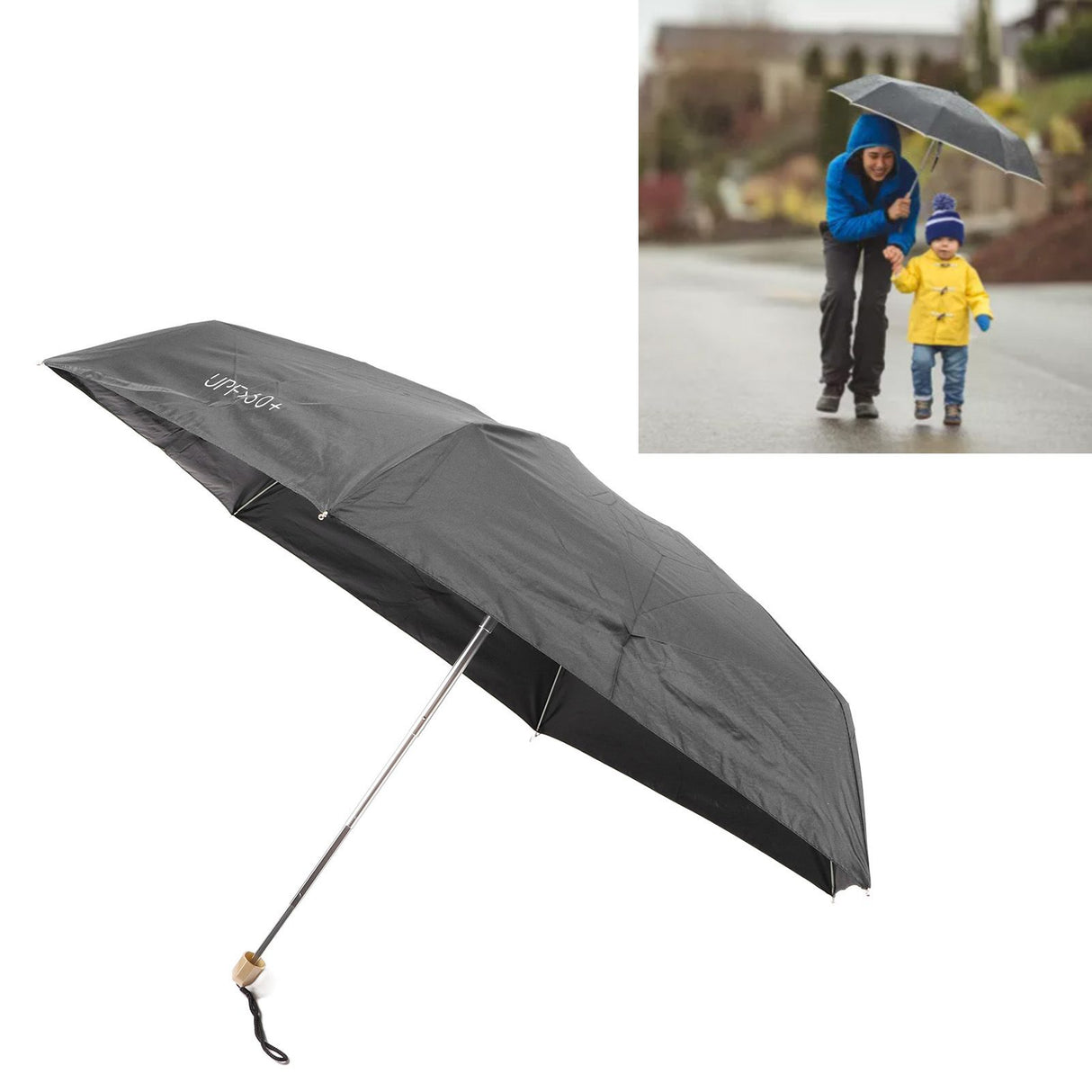 6 Ribs Umbrella Sun Protection UPF50 Impact Cloth Portable Folding Umbrella for Sunny Rainy Black