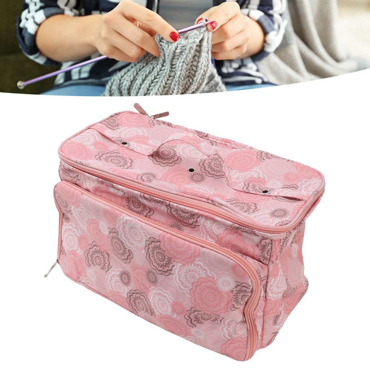 Knitting Bag Pink Oxford Cloth DIY Multifunctional Portable Crochet Holder Bag with Dividers for Knitting Needles Yarn Balls Sewing Supplies