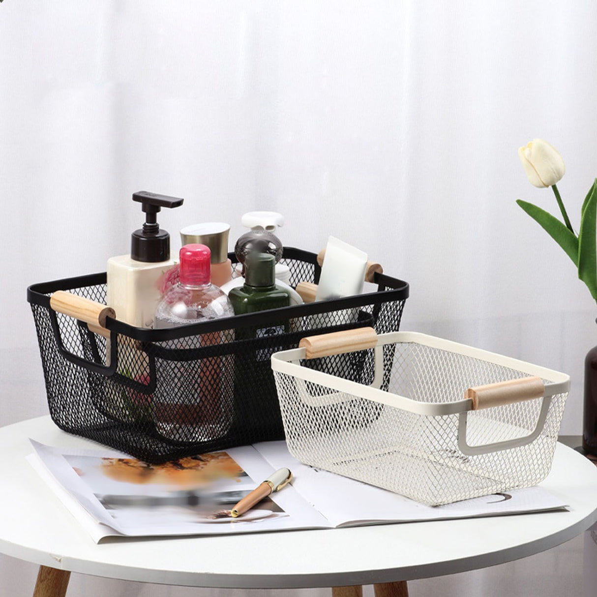 3pcs Metal Wire Storage Basket Large Capacity Decorative Sturdy Iron Art Storage Basket for Books Snacks Makeup Black