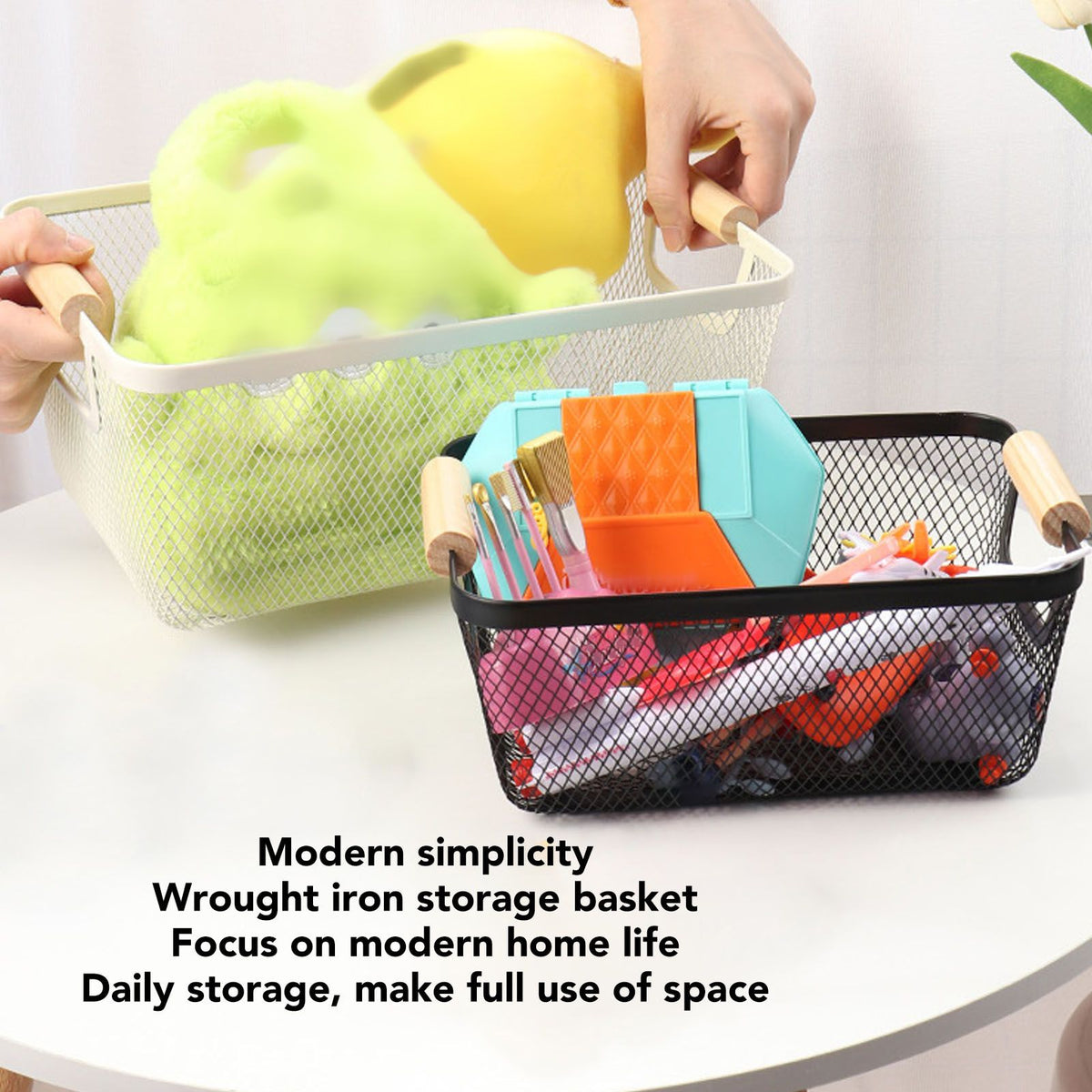 3pcs Metal Wire Storage Basket Large Capacity Decorative Sturdy Iron Art Storage Basket for Books Snacks Makeup Black