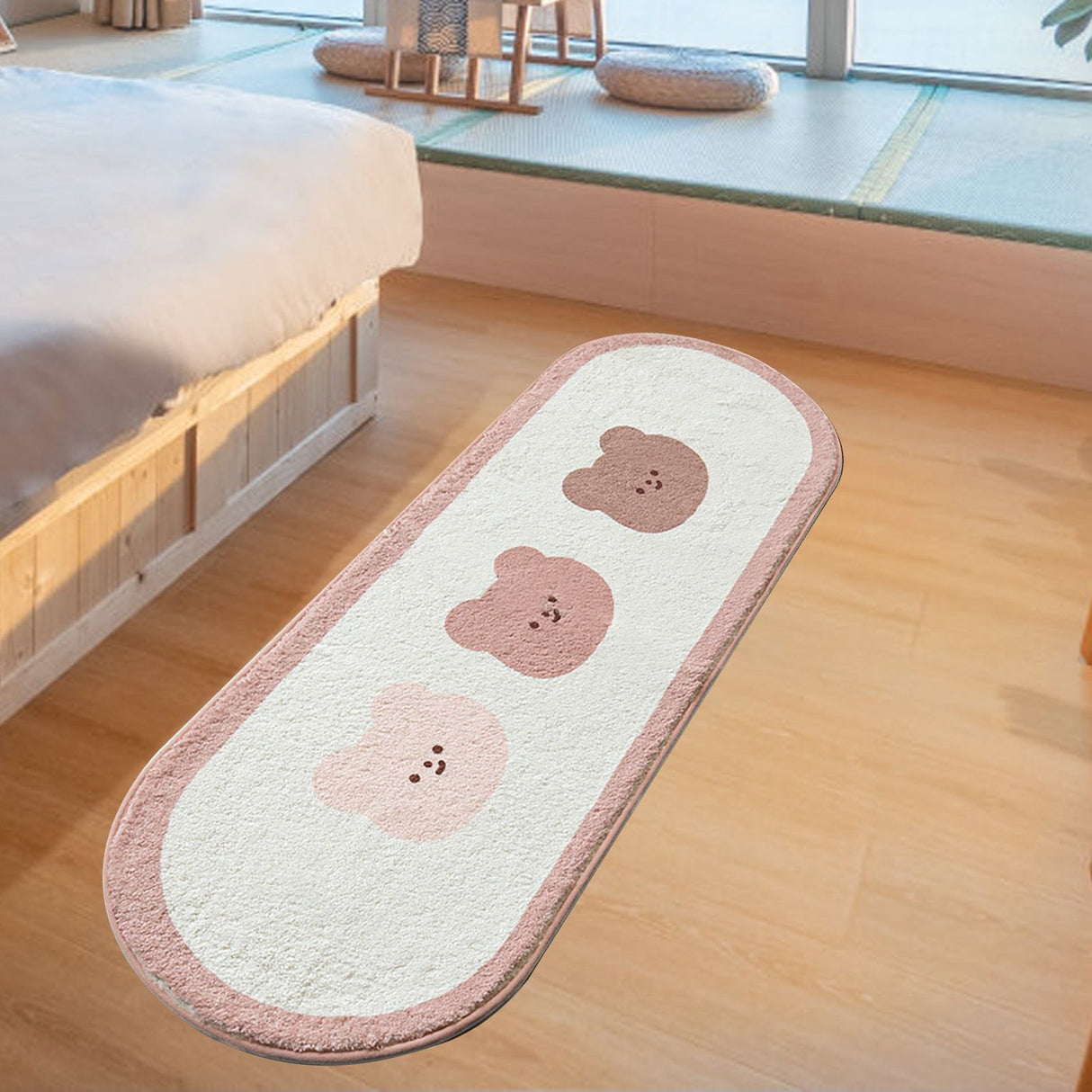Cartoon Animal Pattern Area Rug Door Mat Soft Cute Oval Rug Bedside Carpet Decoration for Home Bedroom Brown Bear