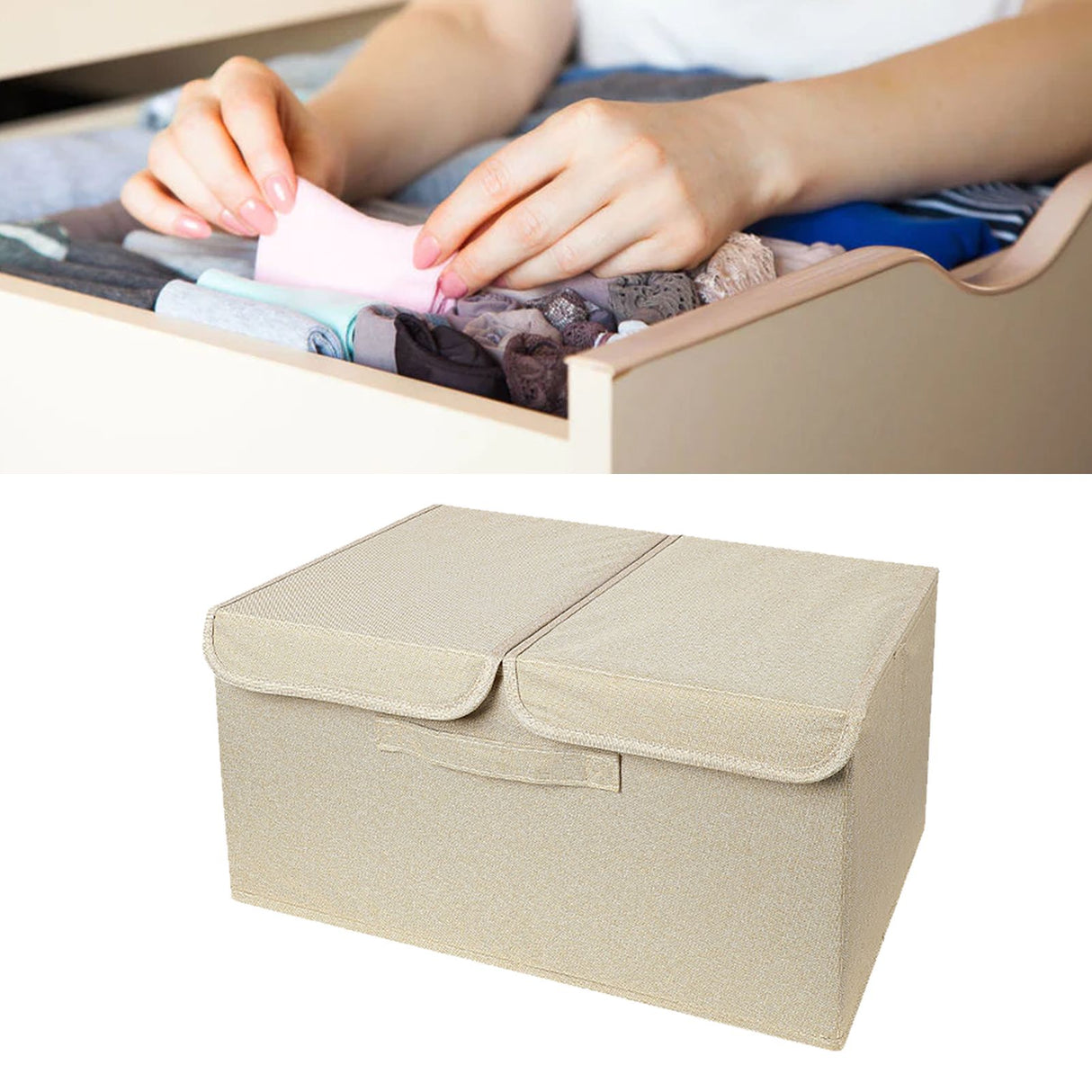 Underwear Socks Storage Organizer with Double Lid Foldable Thick Sock Underwear Storage Case for Socks Bras Ties Towels Khaki