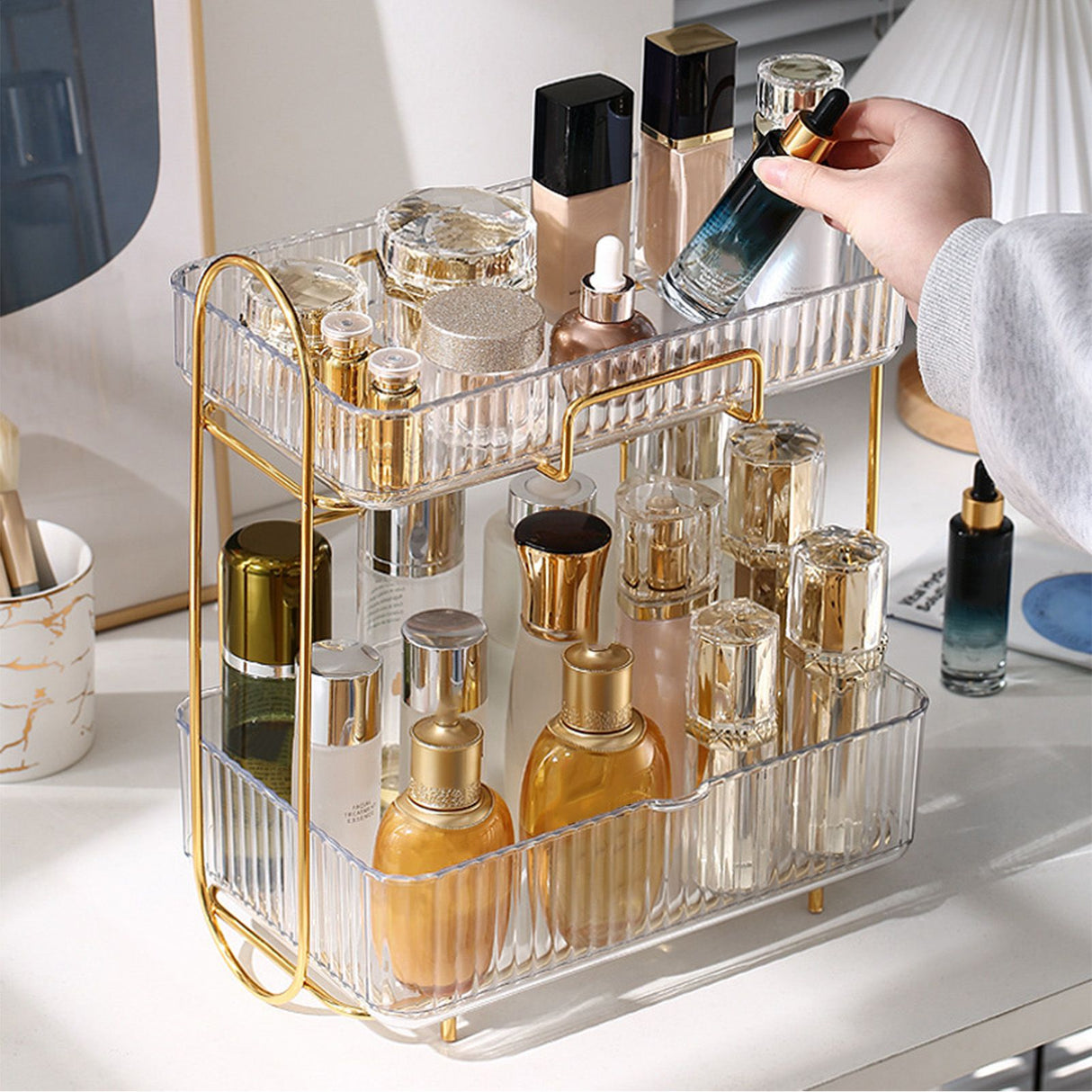 Makeup Organizer 2 Tier Bathroom Countertop Organizer Large Capacity Cosmetic Holder Shelf for Bedroom Dresser Transparent