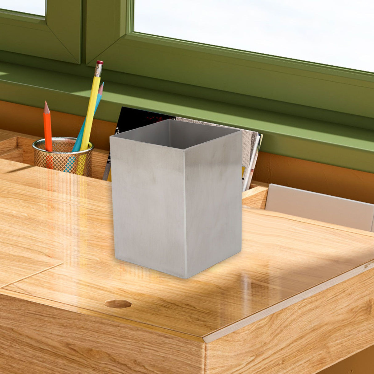 Pencil Cup 304 Stainless Steel Pencil Holder Thicken Durable Rectangular Pencil Cup for Office Dormitory School Desktop Silver