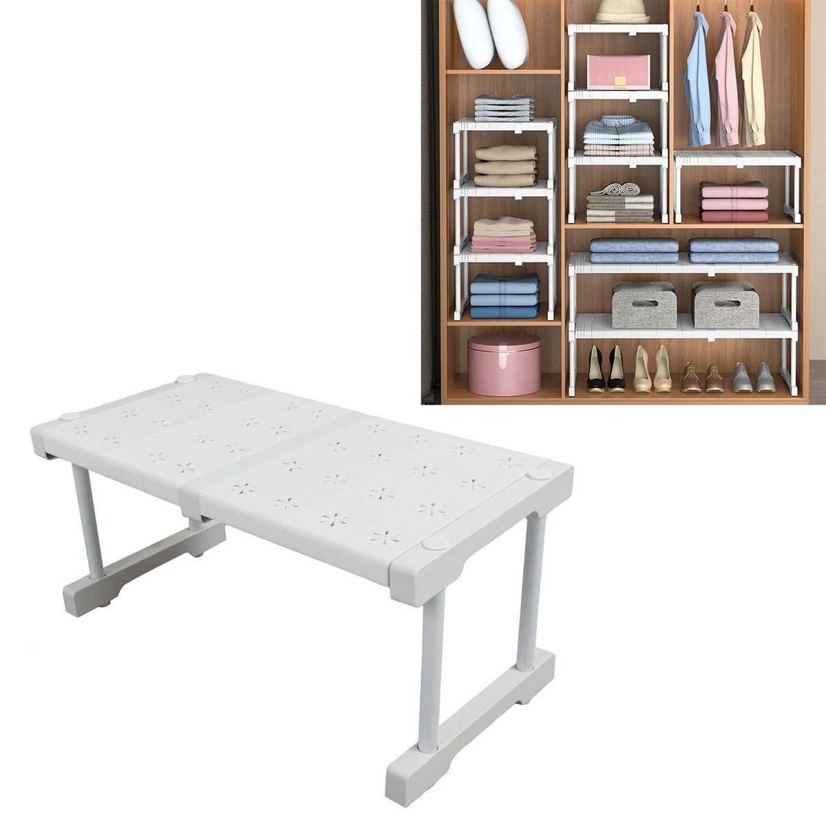 Expandable Closet Shelf Organizer Adjustable Space Saving Wardrobe Sink Tension Shelf 24cm Width 22cm Height Length 37 to 48cm/14.6 to 18.9in