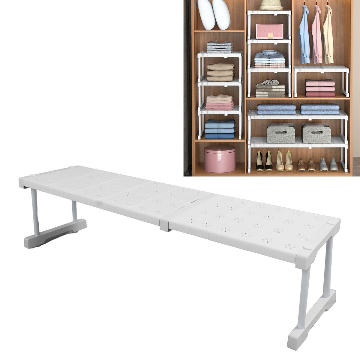 Expandable Closet Shelf Organizer Adjustable Space Saving Wardrobe Sink Tension Shelf 24cm Width 22cm Height Length 67 to 88cm/26.4 to 34.6in