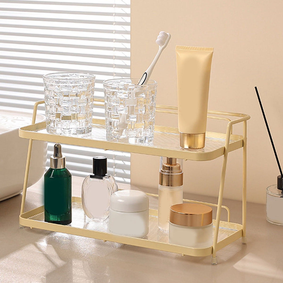 2 Tier Bathroom Countertop Organizer Counter Standing Rack Cosmetic Holder Storage Shelf Cosmetic Organizer Holder Cream Yellow