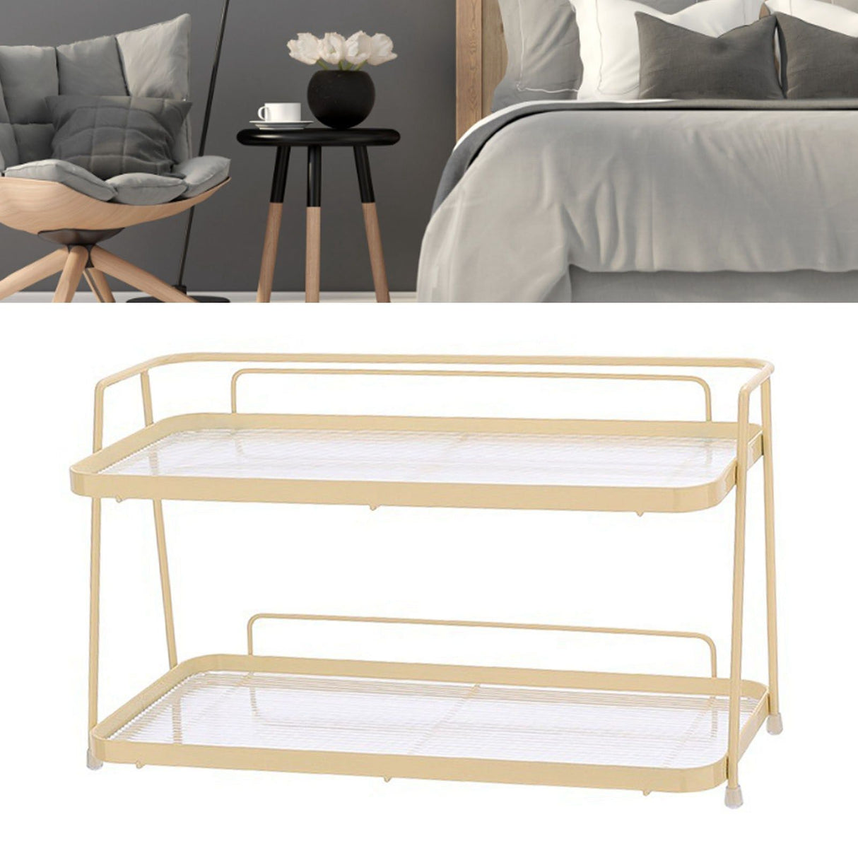 2 Tier Bathroom Countertop Organizer Counter Standing Rack Cosmetic Holder Storage Shelf Cosmetic Organizer Holder Cream Yellow