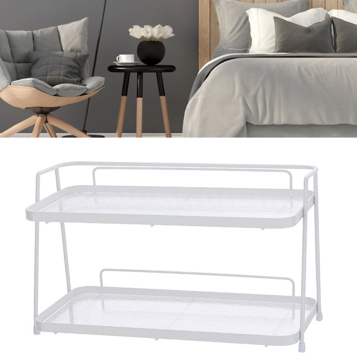 2 Tier Bathroom Countertop Organizer Counter Standing Rack Cosmetic Holder Storage Shelf Cosmetic Organizer Holder White