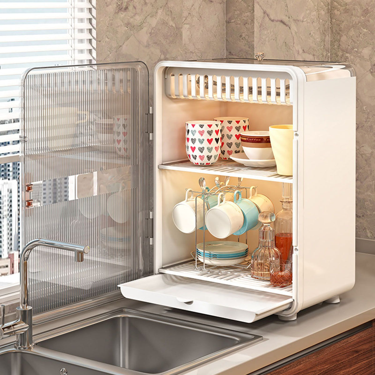 Dustproof Cup Organizer Tea Set Storage Box Household Transparent Desktop Water Cup Tea Cup Draining Rack White