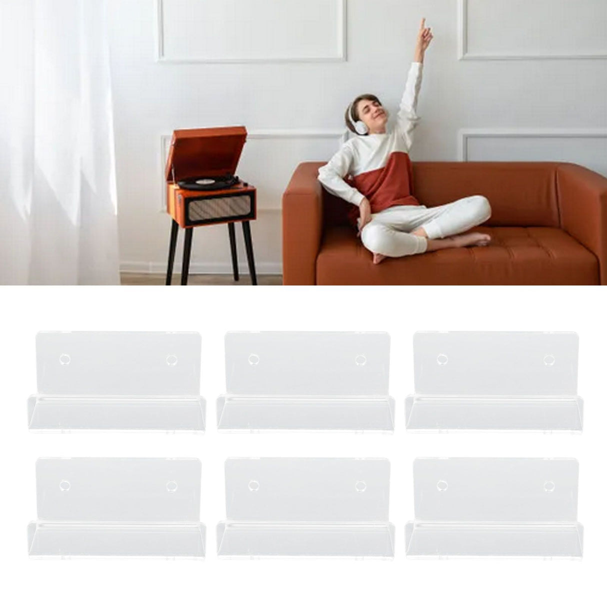6Pcs Wall Mount Vinyl Record Shelf Clear Clear Acrylic Record CD Storage Rack Floating Wall Shelves for Bathroom Bedroom Living Room Kitchen