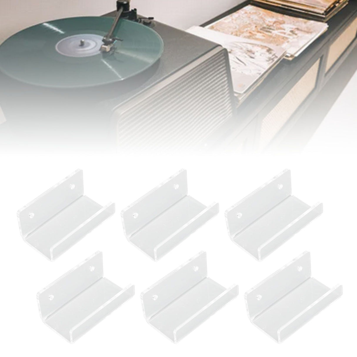 6Pcs Wall Mount Vinyl Record Shelf Clear Clear Acrylic Record CD Storage Rack Floating Wall Shelves for Bathroom Bedroom Living Room Kitchen