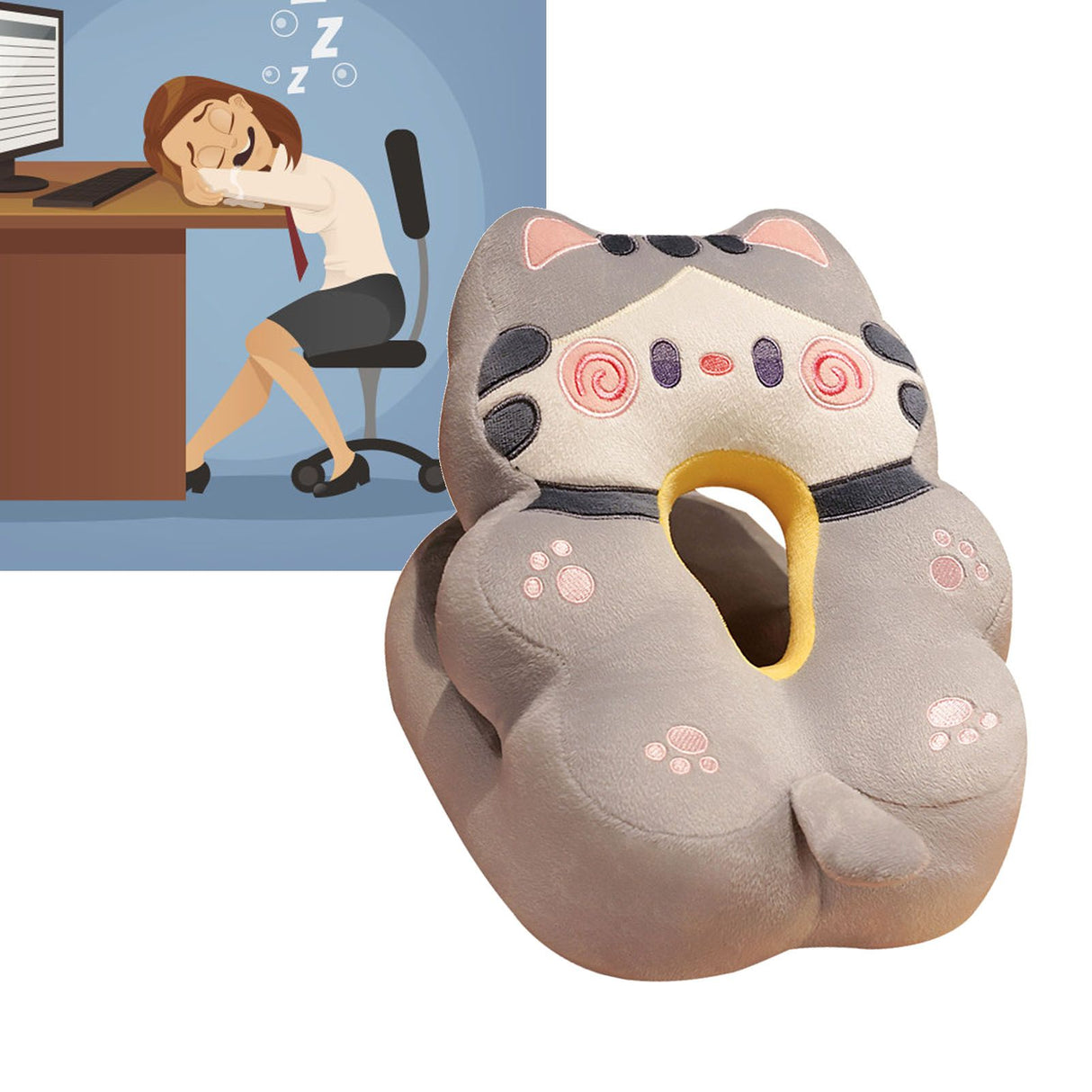 Ice Silk V Shaped Nap Pillow Napping Artifact Cute Animal Sleeping Pillow Cushion for Office Students Grey Cat