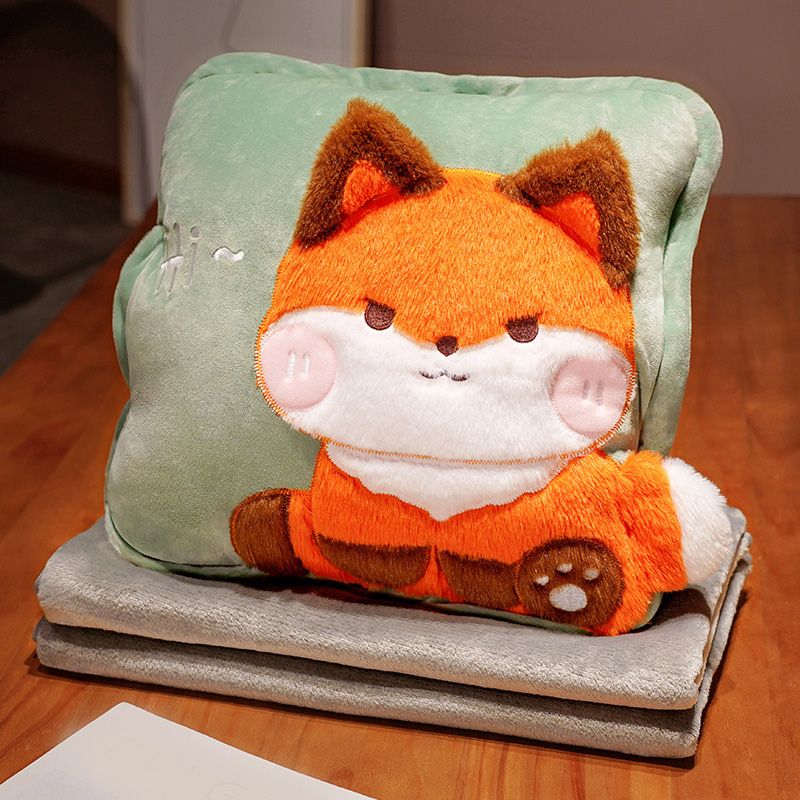 Travel Blanket and Pillow Set Multifunctional Plush Cute Animal Hand Warmer Blanket Pillow for Office Dorm Home Fox