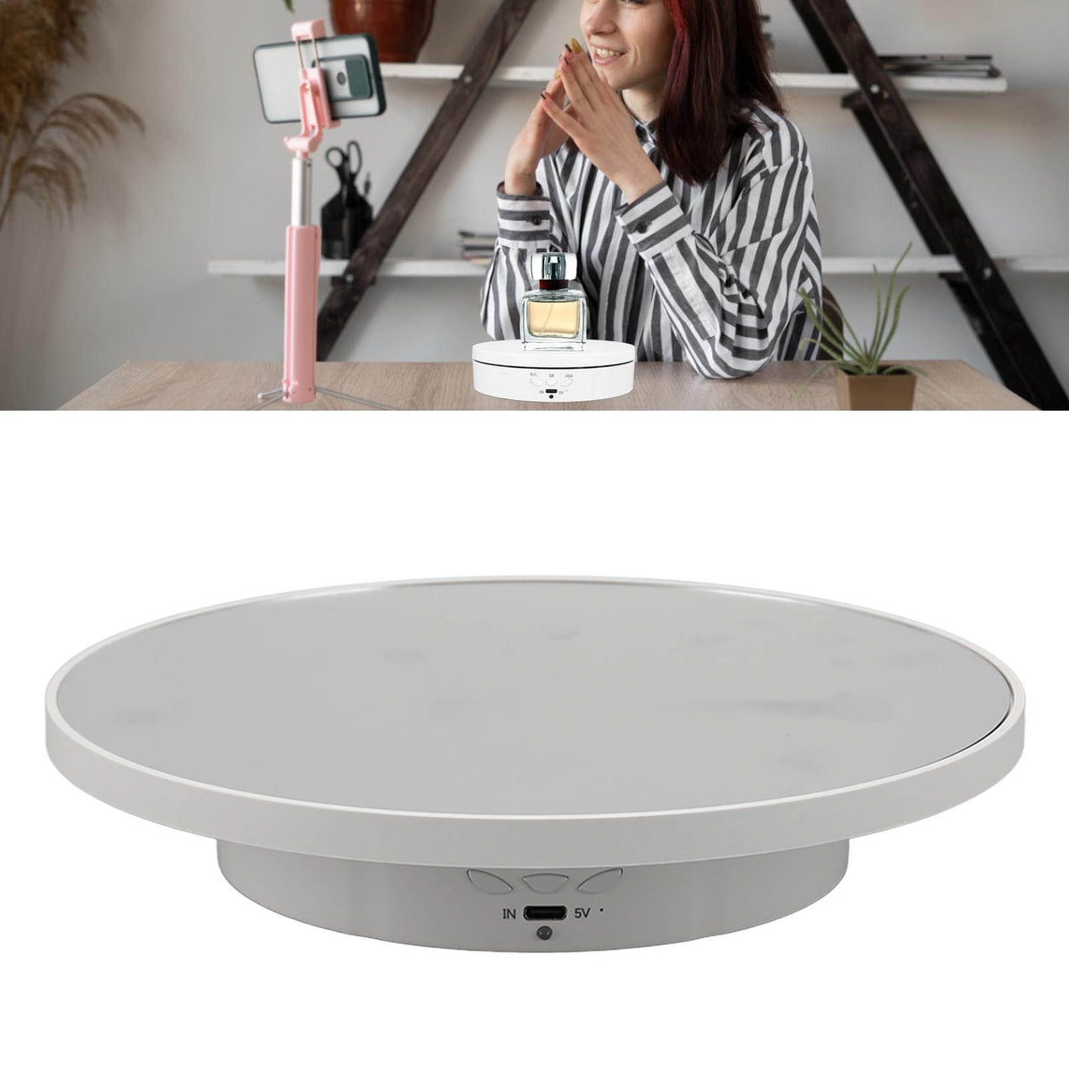 Rotating Display Stand Plastic Glass 360 Degree Electric Motorized Turntable with USB Cable for Photography Products Shows Jewelry Watch Cake White