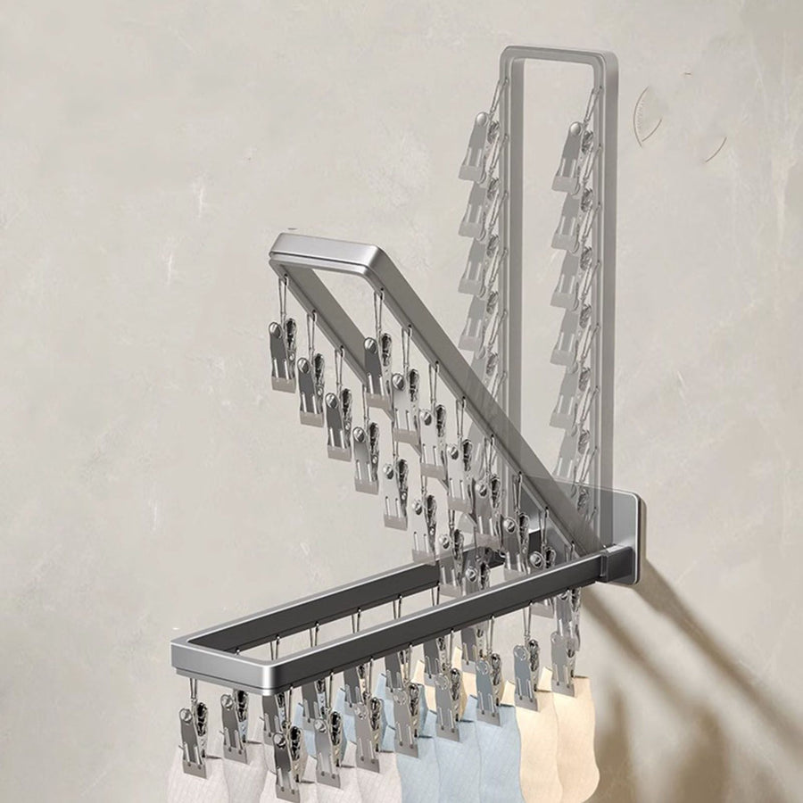 Socks Hanger Wall Mounted Foldable Windproof Zinc Alloy Clip Drying Rack for Underwear Towel 16 Clips (43.3cm/17in)