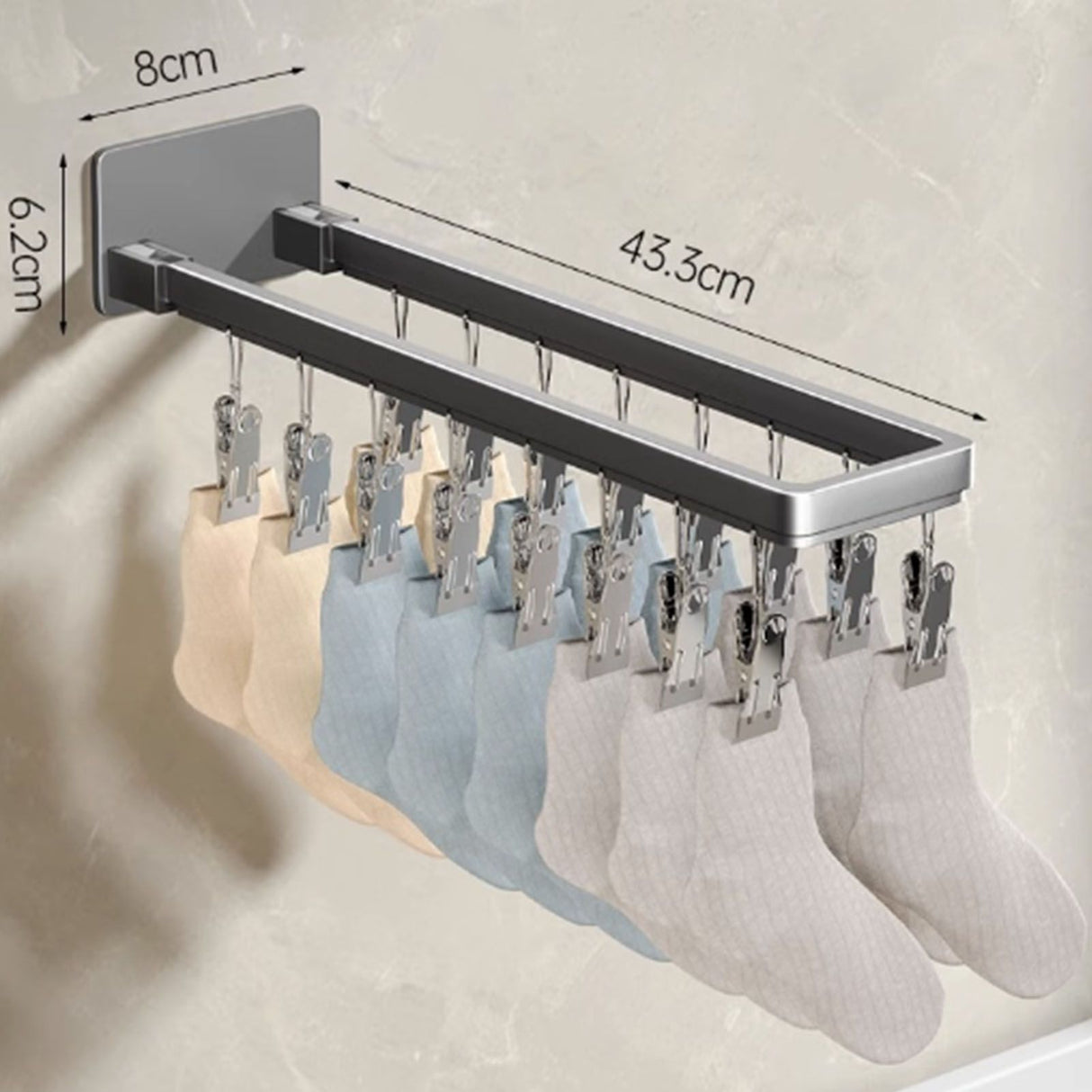 Socks Hanger Wall Mounted Foldable Windproof Zinc Alloy Clip Drying Rack for Underwear Towel 16 Clips (43.3cm/17in)