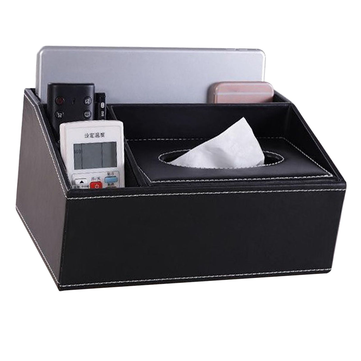 Multifunction Tissue Box Black Multiple Compartments Durable PU Leather Rectangular Tissue Box Cover for House Office