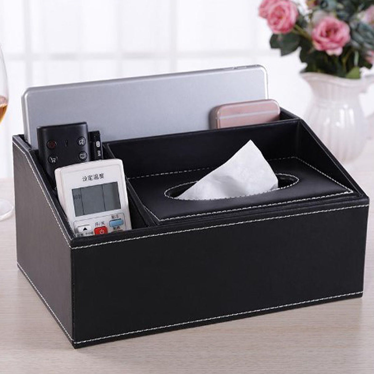 Multifunction Tissue Box Black Multiple Compartments Durable PU Leather Rectangular Tissue Box Cover for House Office