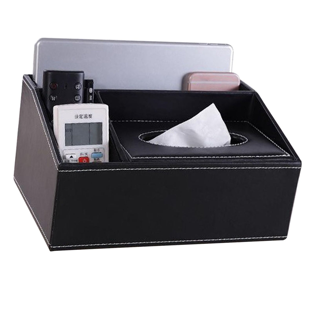 Multifunction Tissue Box Black Multiple Compartments Durable PU Leather Rectangular Tissue Box Cover for House Office