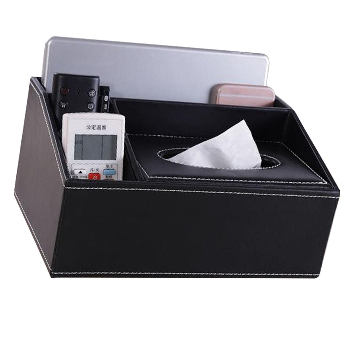 Multifunction Tissue Box Black Multiple Compartments Durable PU Leather Rectangular Tissue Box Cover for House Office