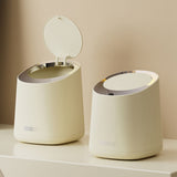 Mini Countertop Garbage Can Small Plastic Countertop Wastebasket Waste Can with Press Type Lid for Bathroom Bedroom Living Room Dressing Table Cream White