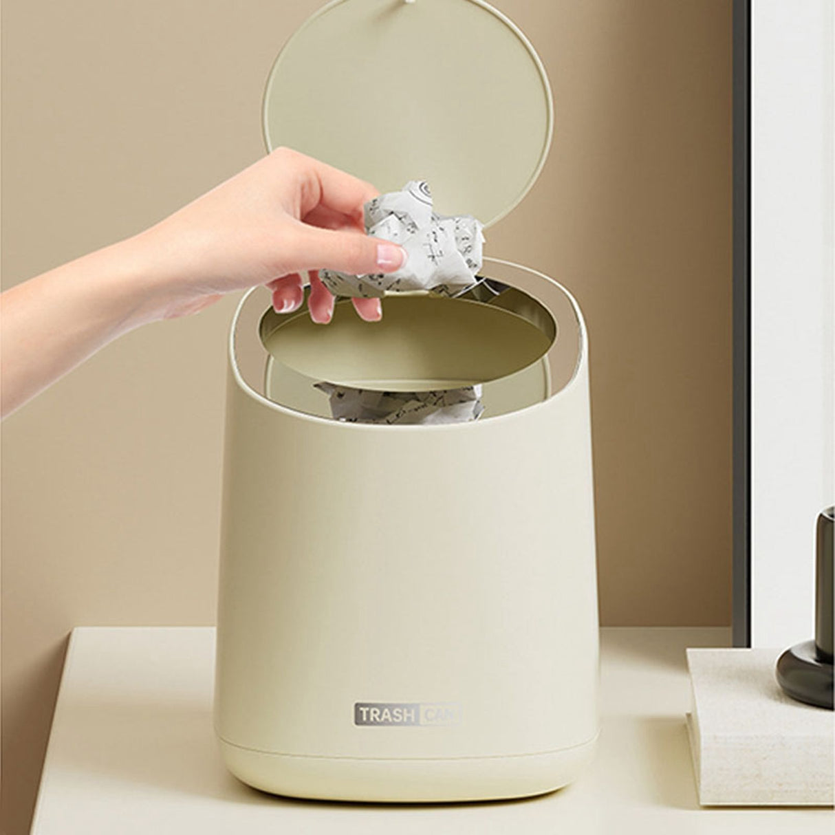 Mini Countertop Garbage Can Small Plastic Countertop Wastebasket Waste Can with Press Type Lid for Bathroom Bedroom Living Room Dressing Table Cream White