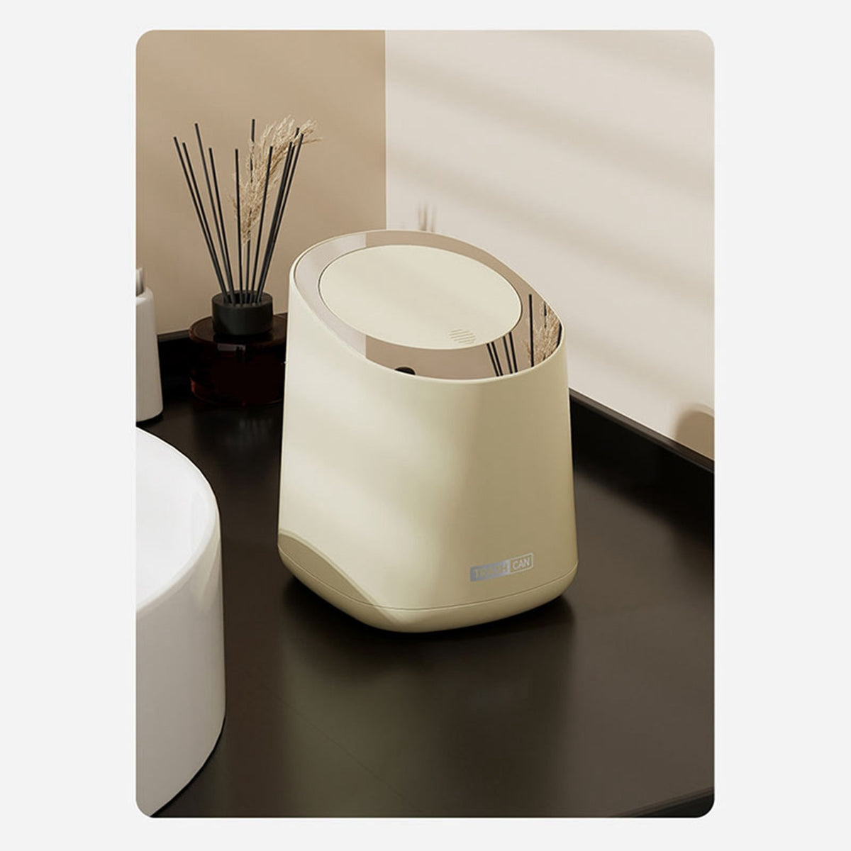 Mini Countertop Garbage Can Small Plastic Countertop Wastebasket Waste Can with Press Type Lid for Bathroom Bedroom Living Room Dressing Table Cream White