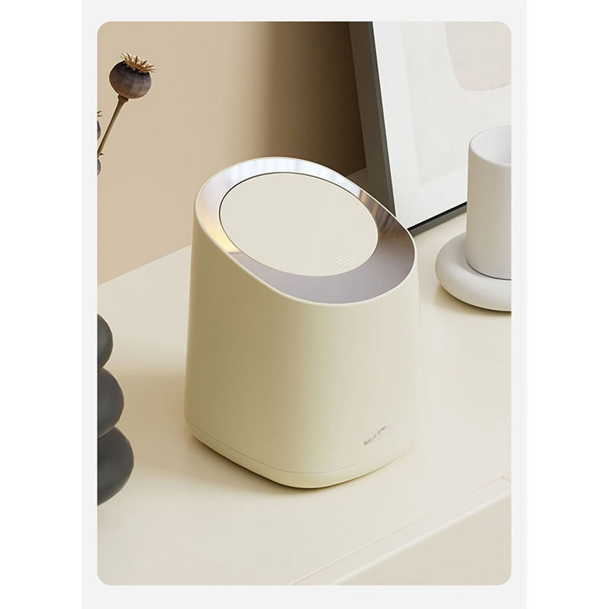 Mini Countertop Garbage Can Small Plastic Countertop Wastebasket Waste Can with Press Type Lid for Bathroom Bedroom Living Room Dressing Table Cream White